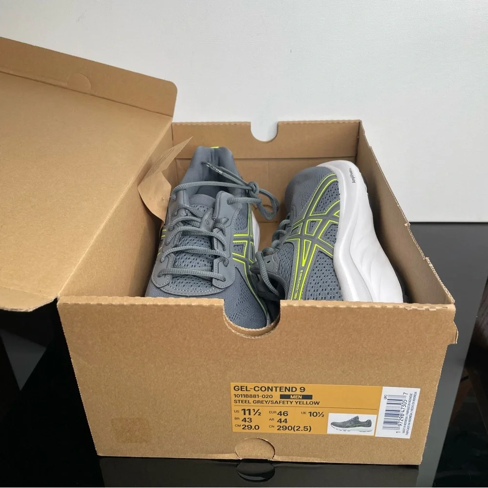 ASICS Gel-Contend 9 Men 11.5 Steel Grey Saftey Yellow Running Athletic Shoes NEW - Picture 3 of 9